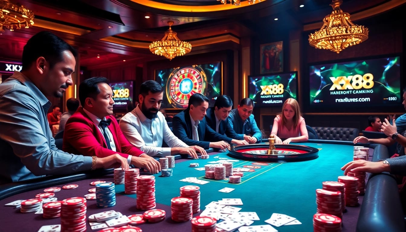 Experience the thrill of gambling at XX88's exciting casino tables featuring vibrant poker chips and cards.