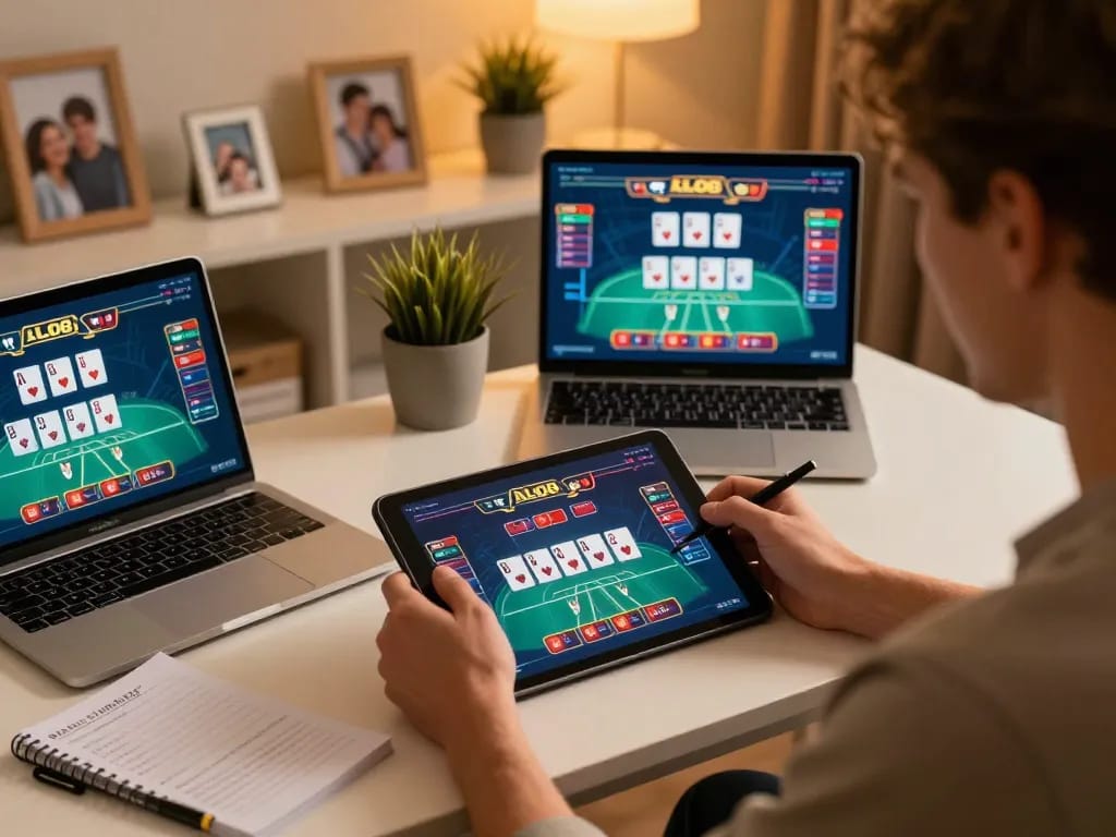 Engaged player enjoying ALO8 online casino on tablet with vibrant poker game interface