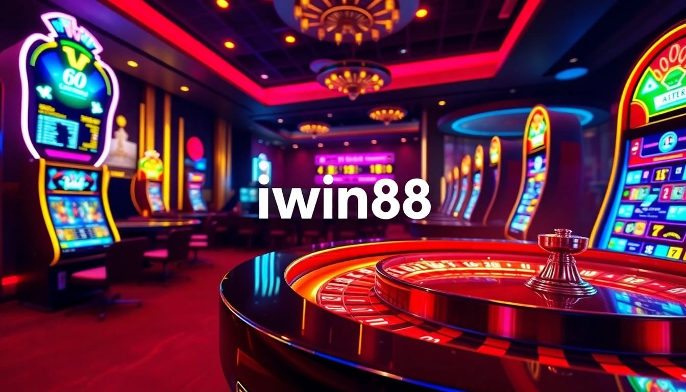 Iwin68 casino experience featuring roulette, poker chips, and a slot machine in a luxurious setting.
