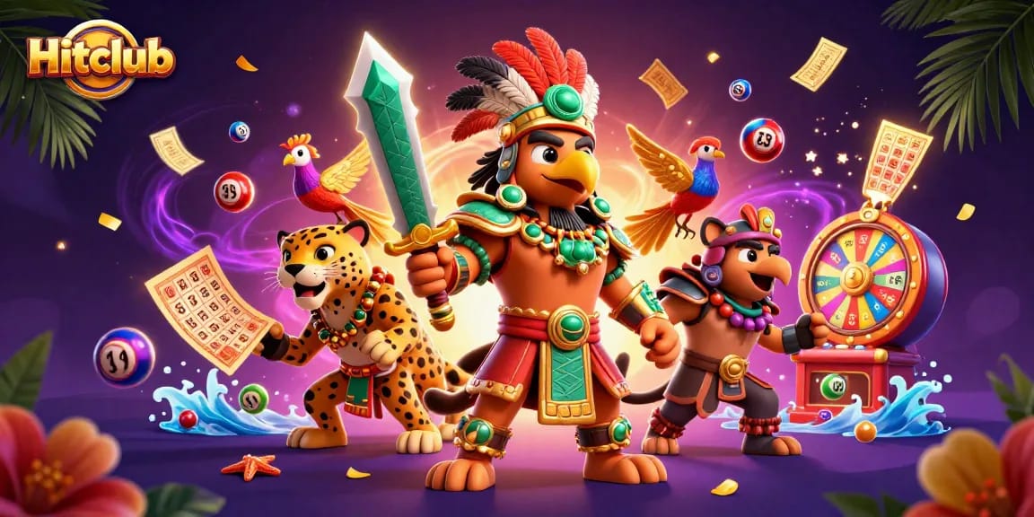 Hitclub showcases vibrant lottery elements and characters in a dynamic casino scene, perfect for engaging players.