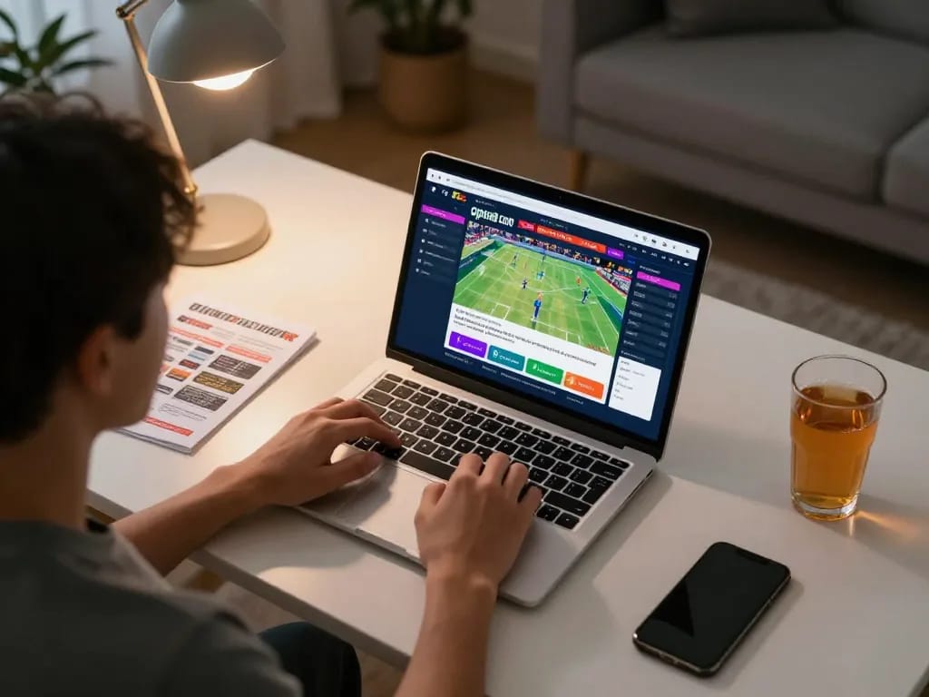 Person actively betting on open88 com with laptop and sports events displayed, showcasing online gambling.