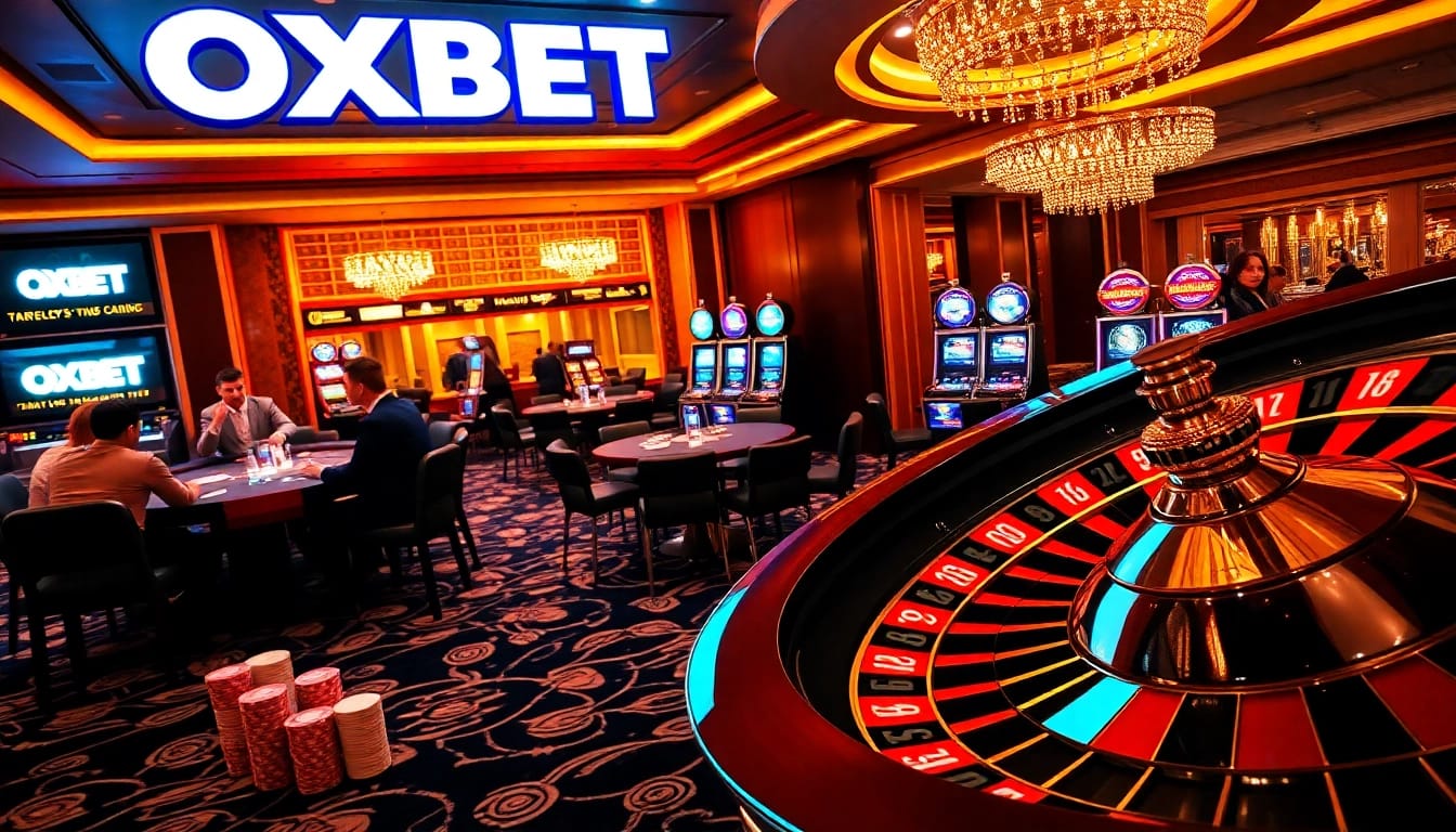 Players at an OXBET poker table enjoying a thrilling game with colorful chips and cards.