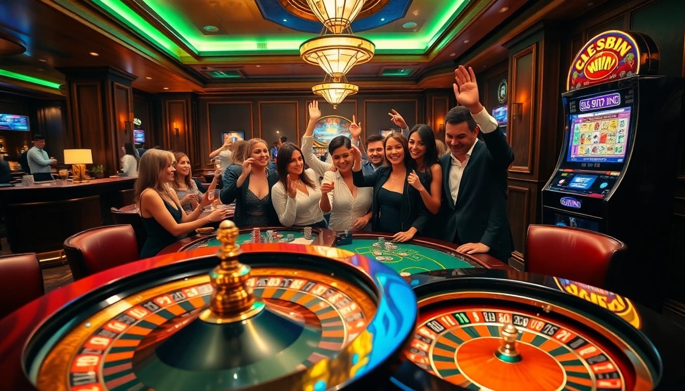 Experience the excitement of winning at 555win in a vibrant casino scene with roulette and slot machines.
