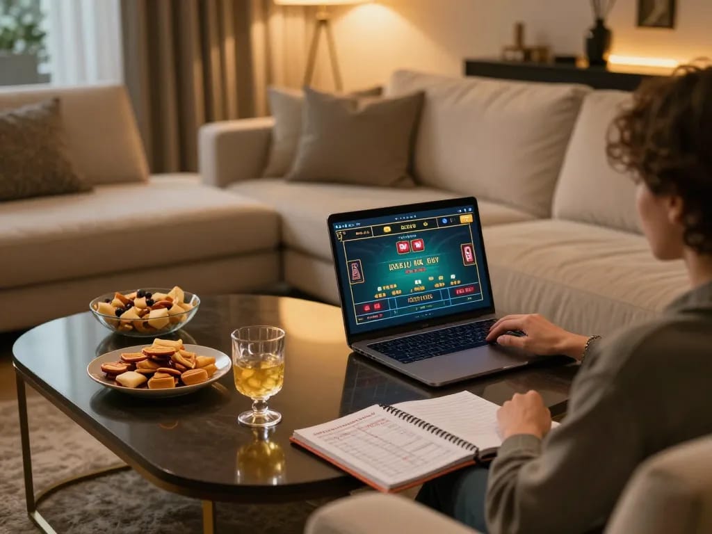 Engaging in online gaming with incakoin strategy notes visible during a cozy home session