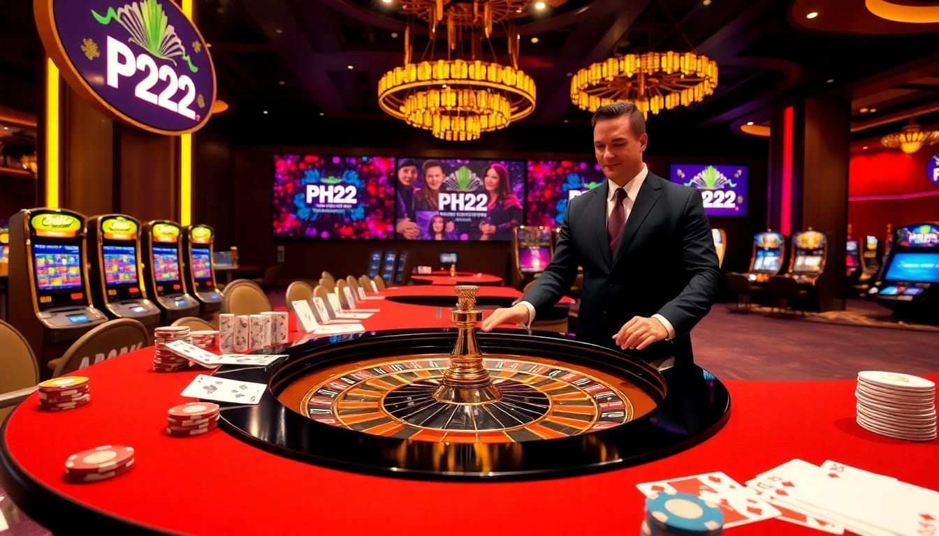 Experience excitement with PH222 at a luxurious roulette table surrounded by vibrant casino elements.
