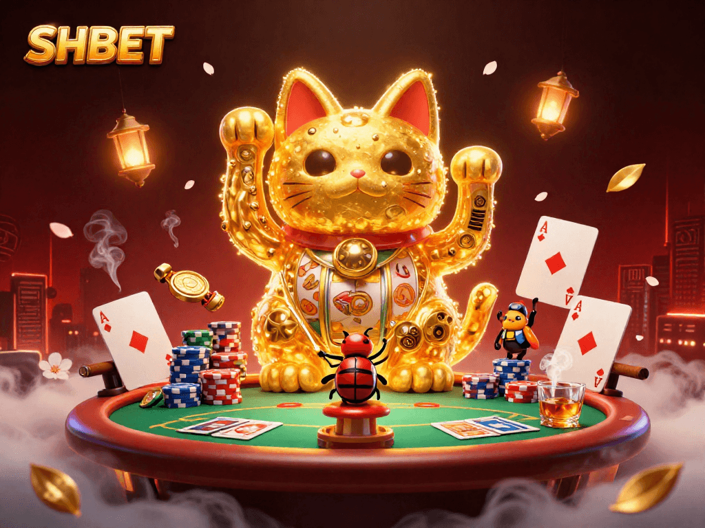 Experience the magic of SHBET with a golden lucky cat in a vibrant casino scene filled with winning symbols.