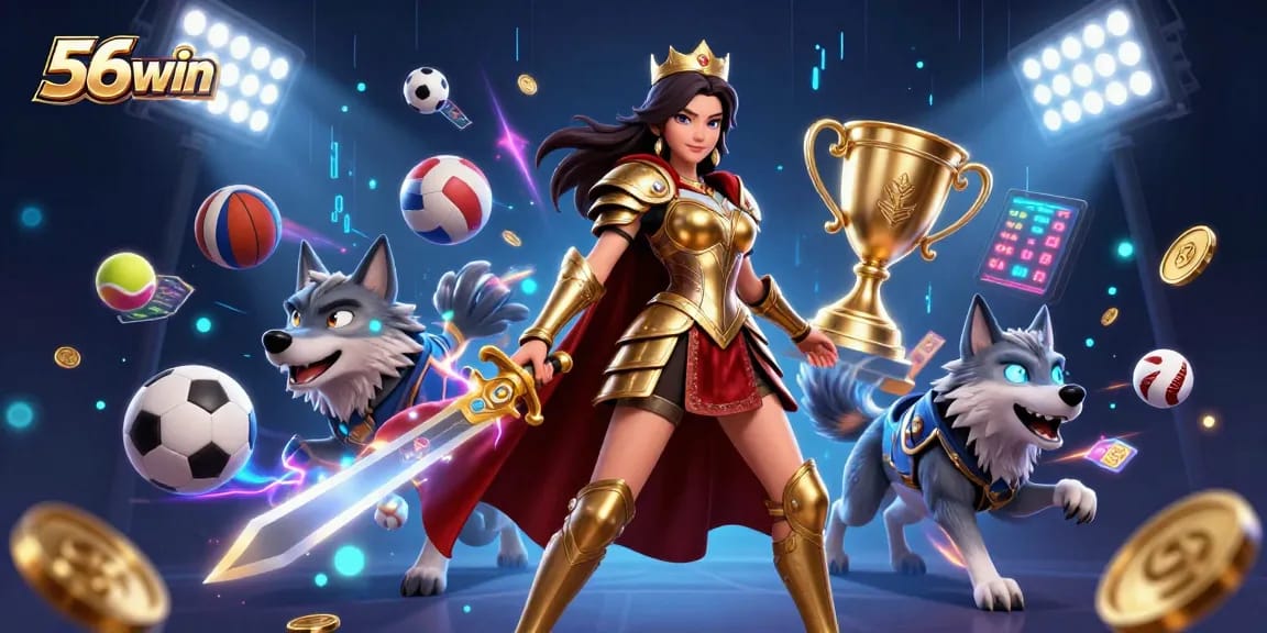 Engage with thrilling action at 56win, featuring a warrior queen and her armored wolf companion surrounded by dynamic sports elements.