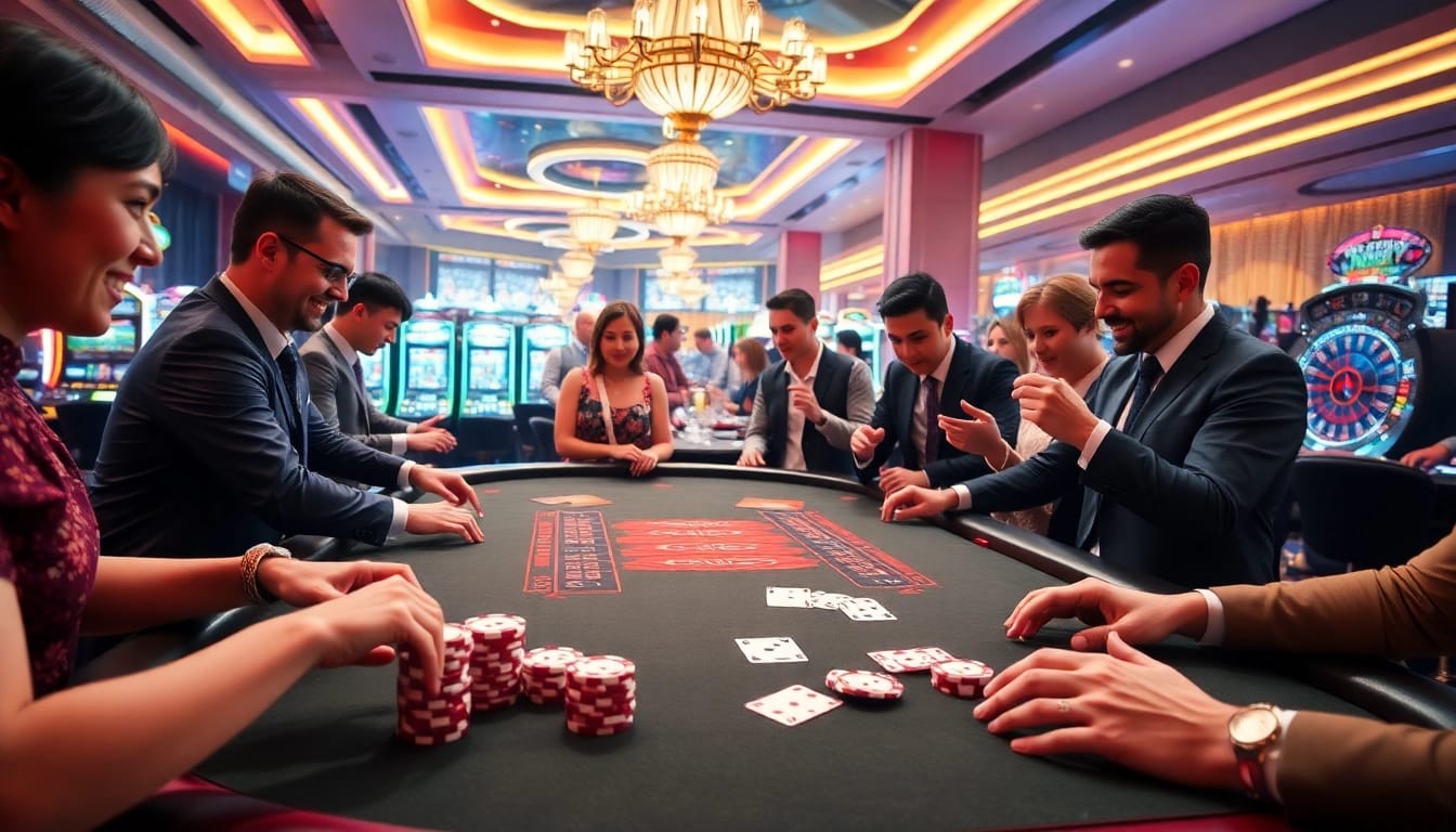 Players enjoy thrilling games at the NK88 casino table, surrounded by vibrant excitement and luxury.