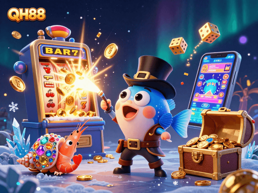 Exciting QH88 casino scene with a vibrant anglerfish, pirate shrimp, and gem snail in action.