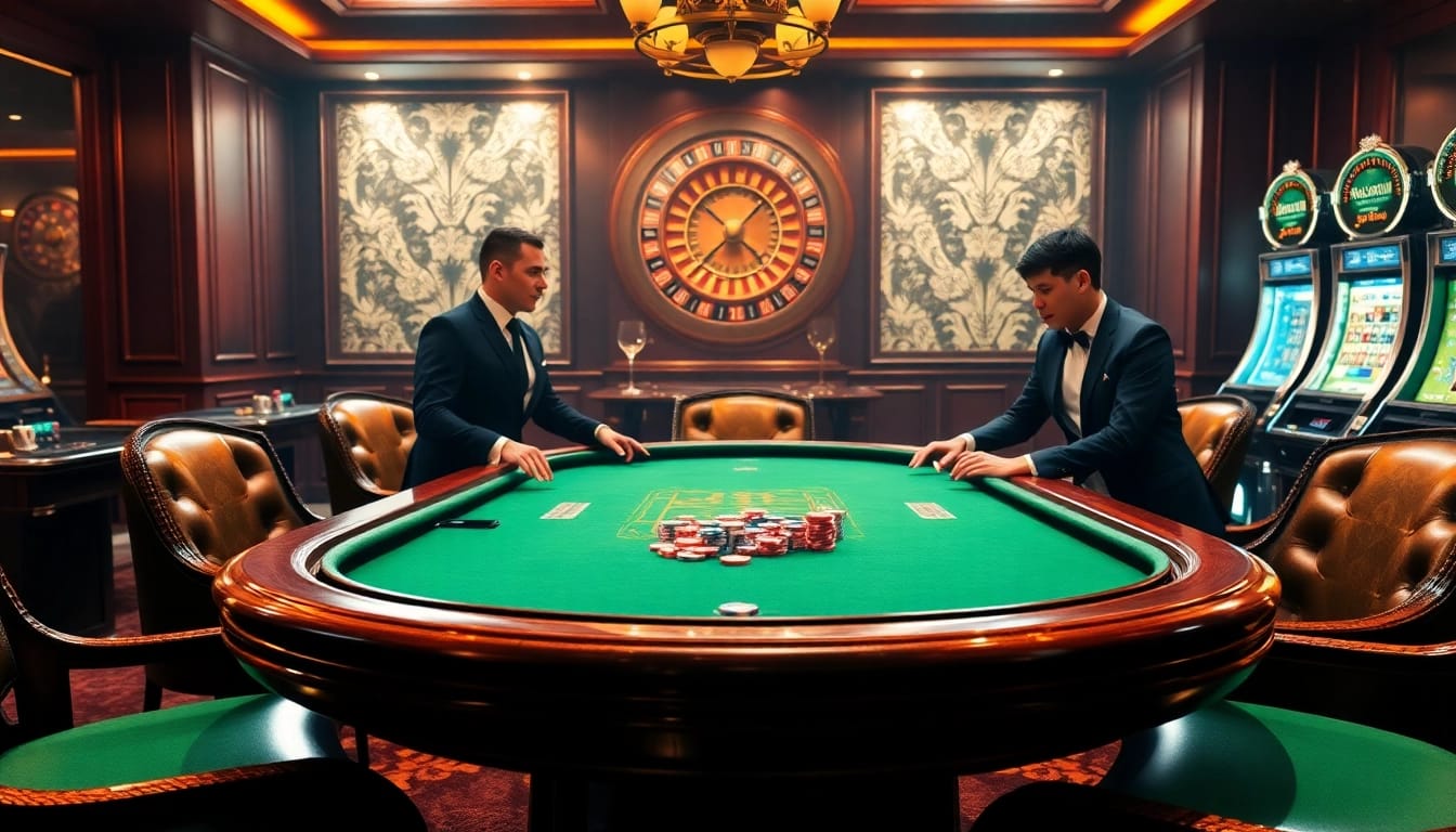 Experience the thrill of gambling at rikbet with a luxurious poker table and vibrant game atmosphere.