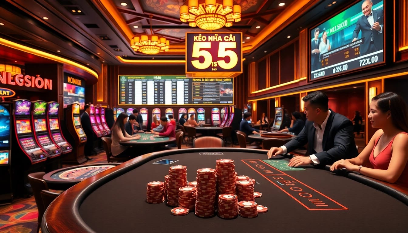 Kèo nhà cái 5 betting scene with lively casino tables, players engaged in high stakes.