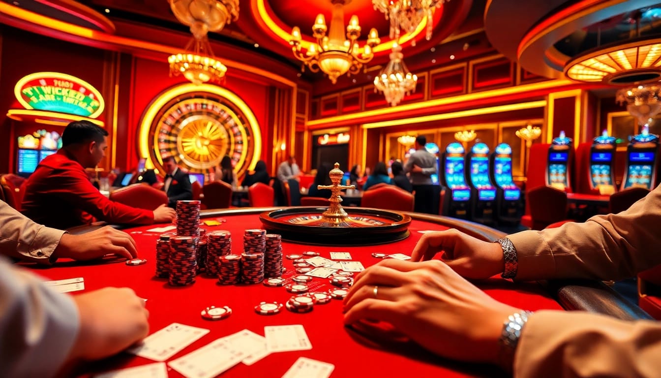 NK88 players placing bets at an exciting poker table in a luxury casino setting.