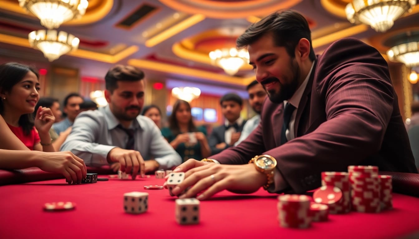 Xóc đĩa online players engaging at a lively casino table with colorful chips.
