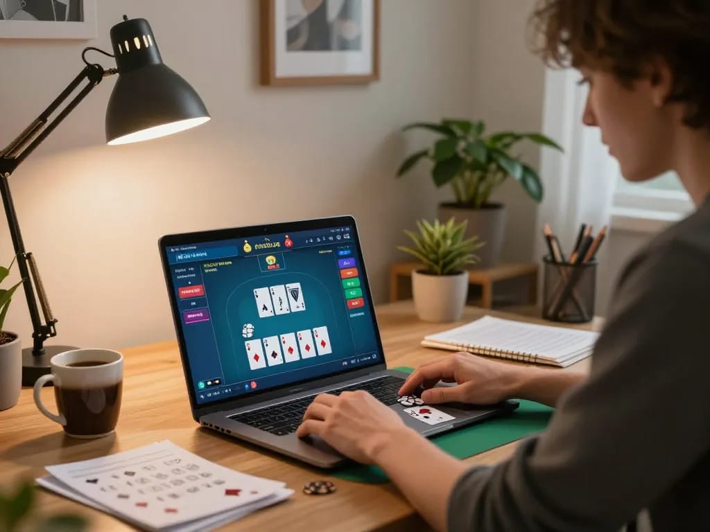 Player engaging in MM88 online poker game with strategy notes