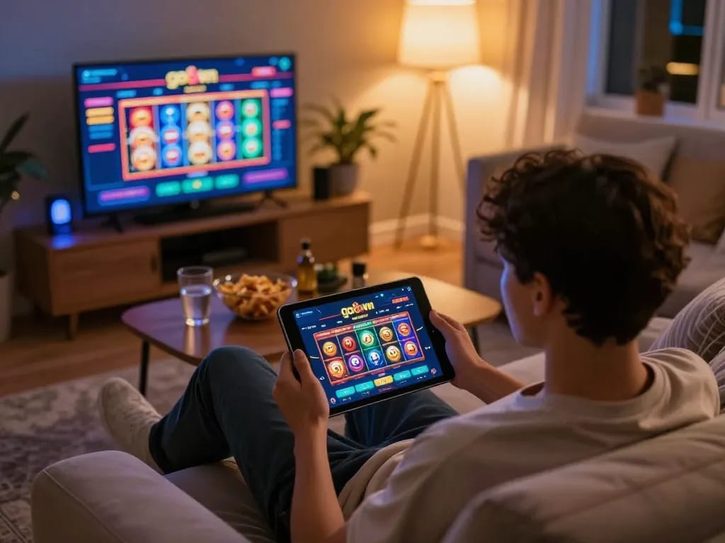Player enjoying go86vn casino on tablet, showcasing exciting gaming interface in cozy home setting.