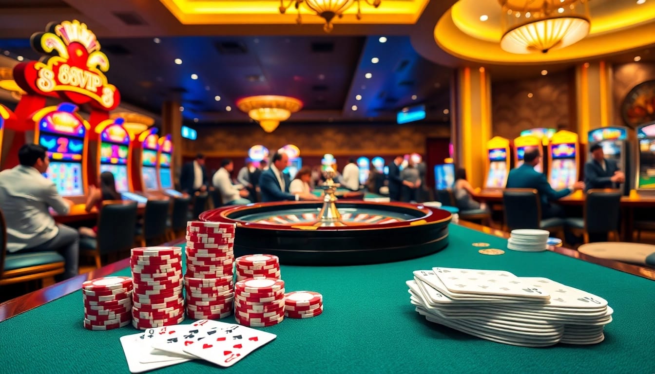 Players enjoying poker and roulette at 68VIP casino, radiating excitement and luxury.