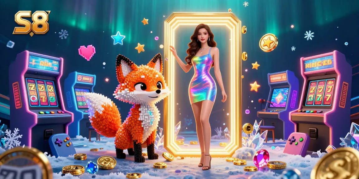Engage in exciting S8 gambling experiences with vibrant characters surrounded by casino symbols.