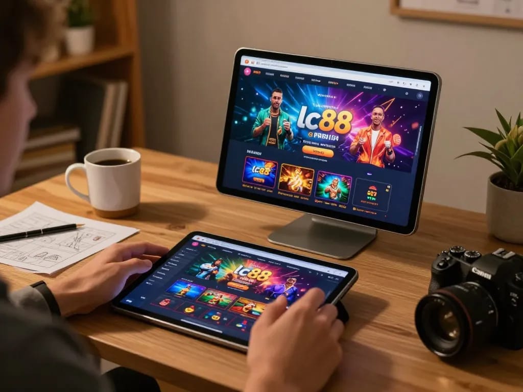 Player engaged in lc88 online gambling on a tablet with cozy home office setting
