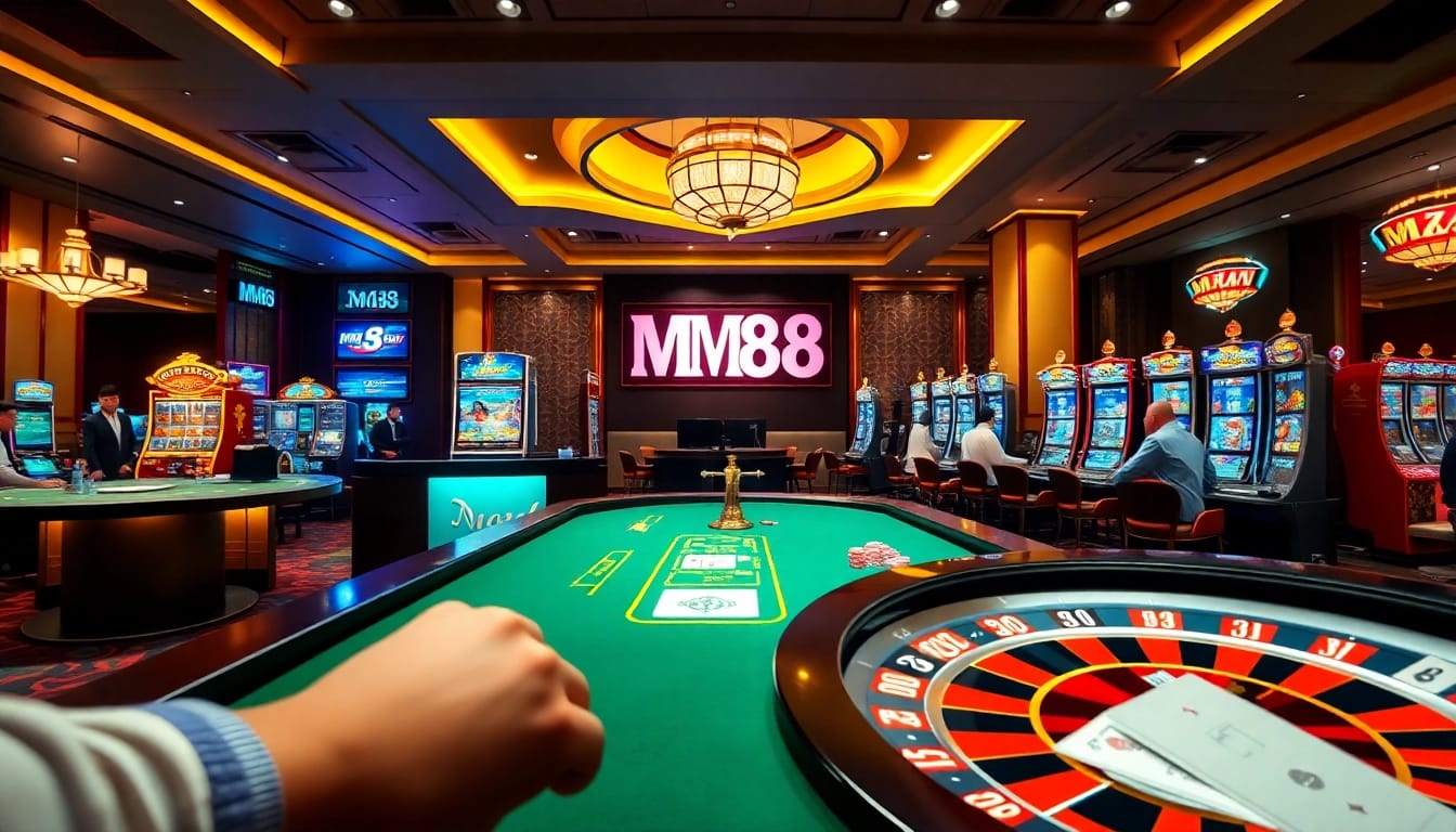 Experience high-stakes gaming at MM88 with vibrant casino tables, roulette wheels, and excited players.