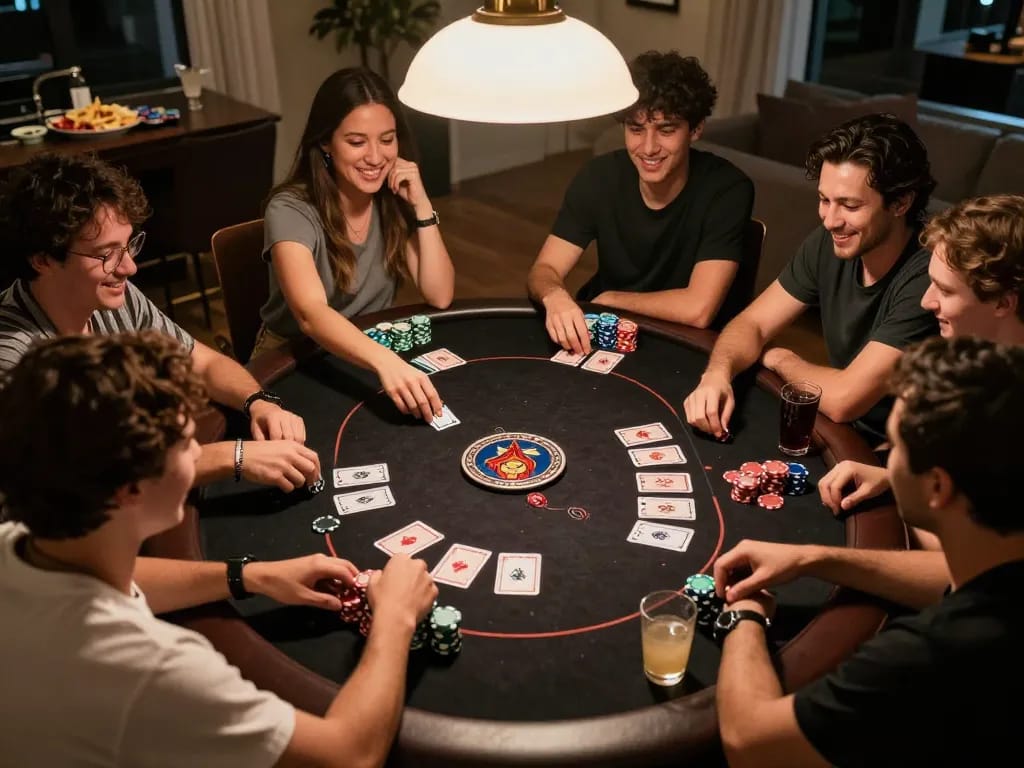 Hitclub players enjoying a lively poker night with chips and cards at home.