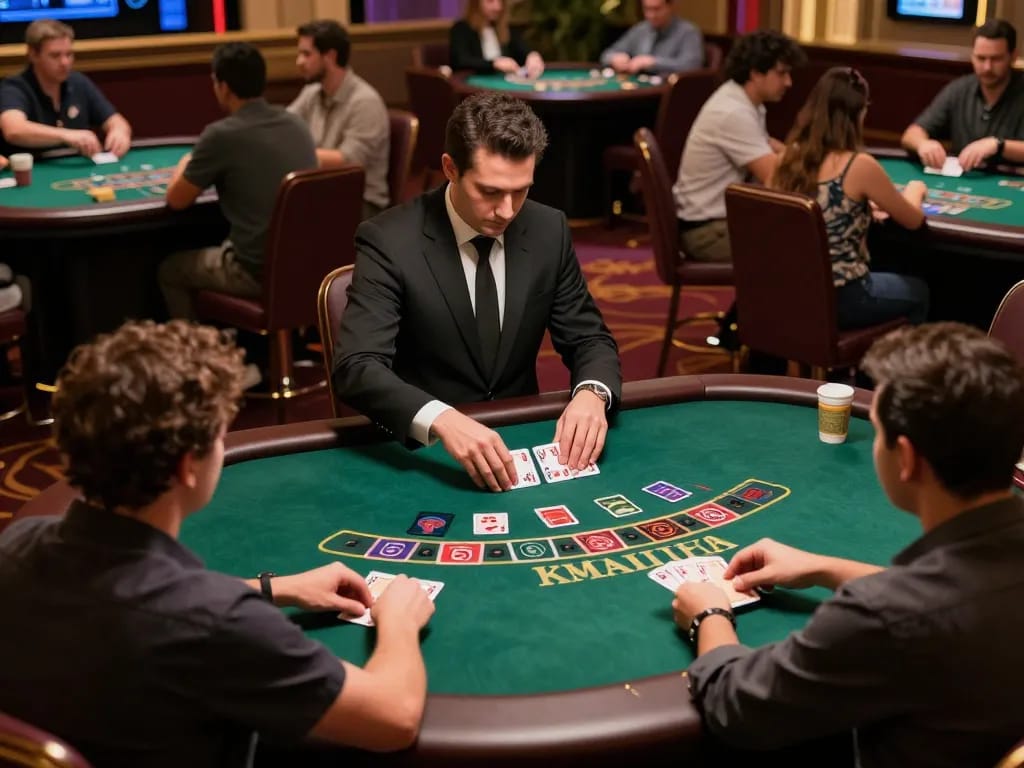 13Win players enjoying live dealer blackjack, strategic bets on a green felt table in vibrant casino.