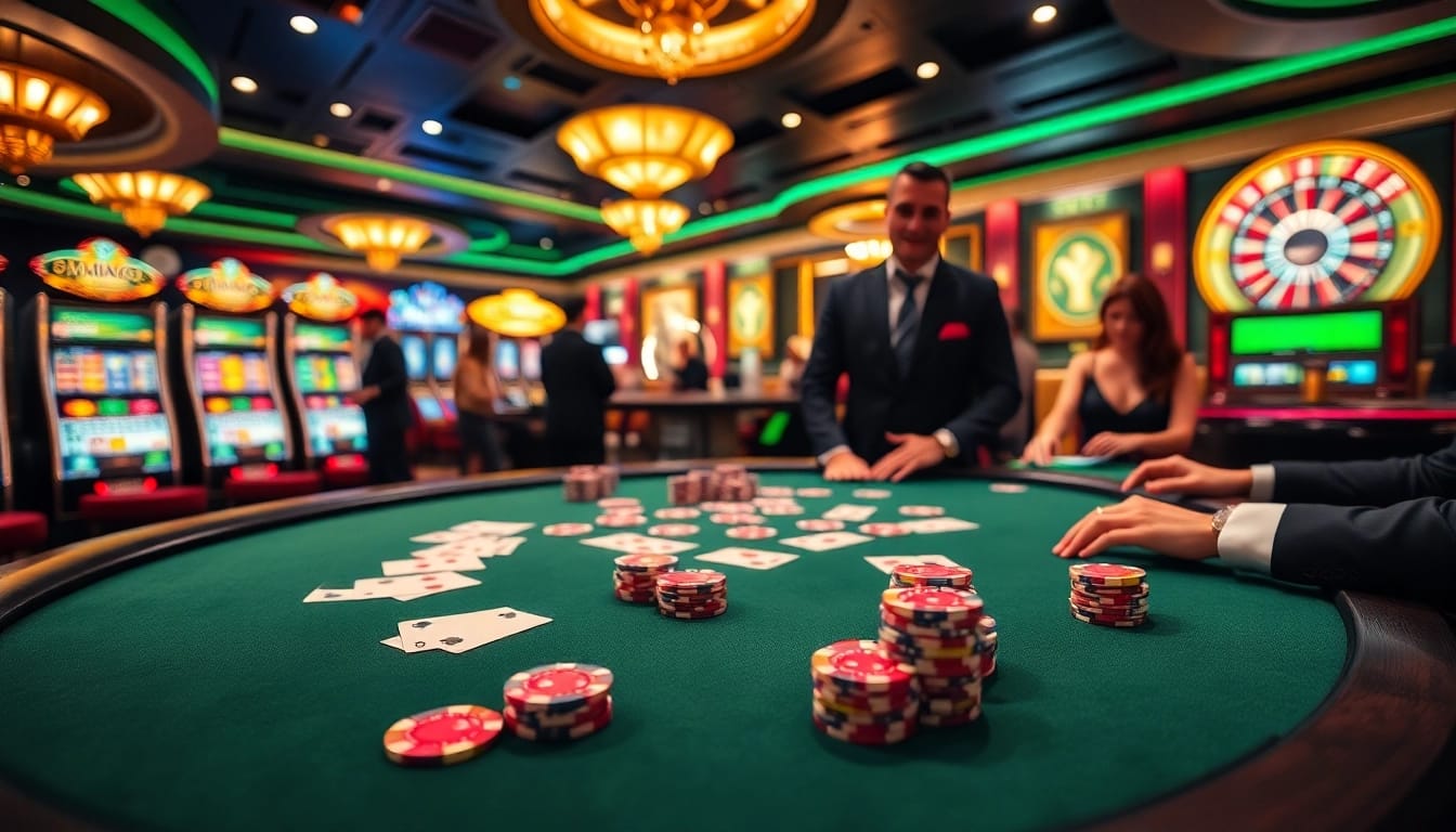 MMOO poker players at an elegant casino table with vibrant chips and cards.