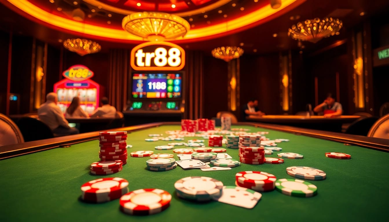 Exciting casino scene featuring tr88 slot machine and vibrant betting atmosphere.