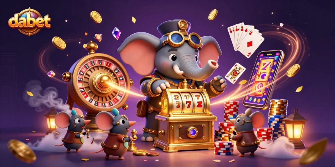Dabet showcases a thrilling steampunk-themed casino scene with vibrant slot machines and colorful coins.