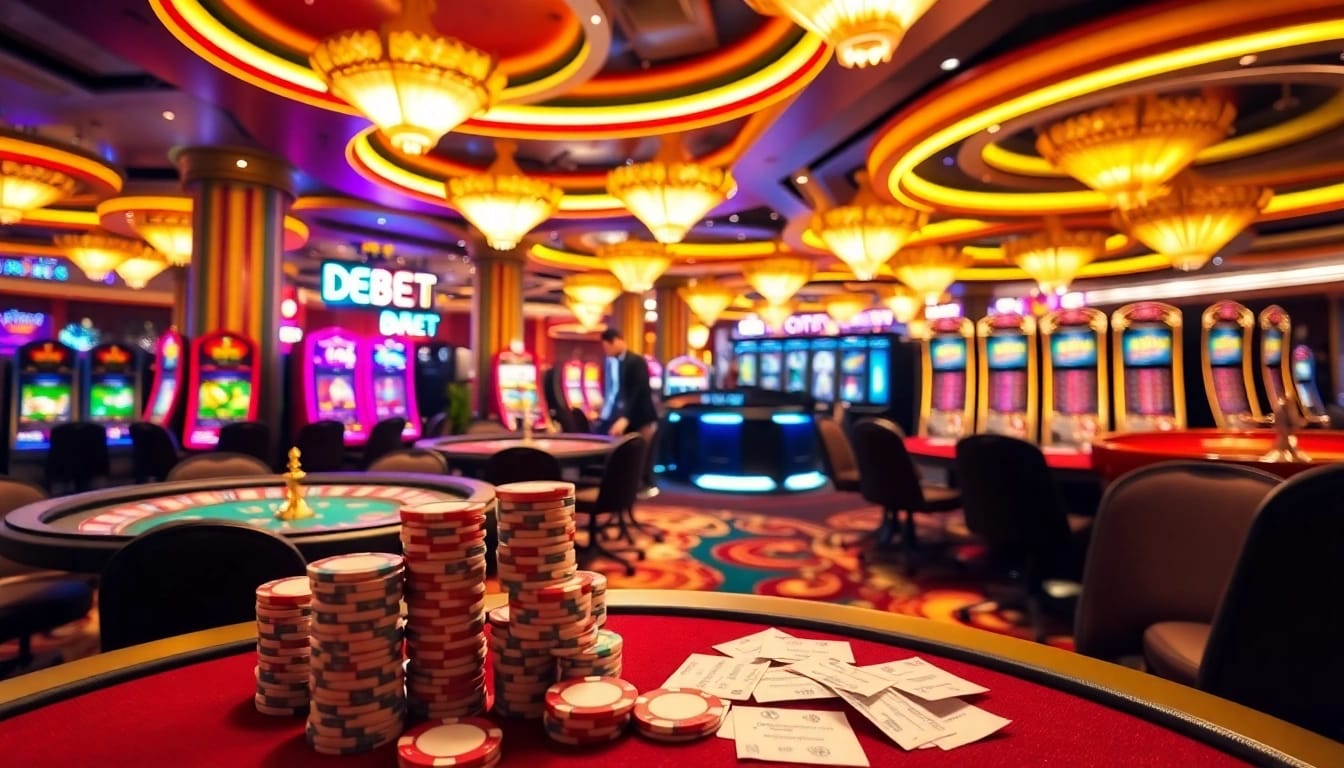 Engaging gambling scene at Nhà Cái DEBET with poker tables and slot machines.