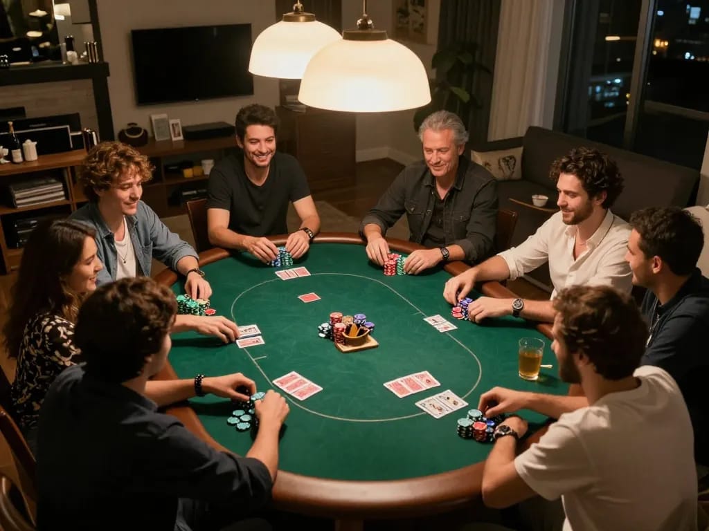 OnBet players enjoying an engaging home poker game night with friends and chips
