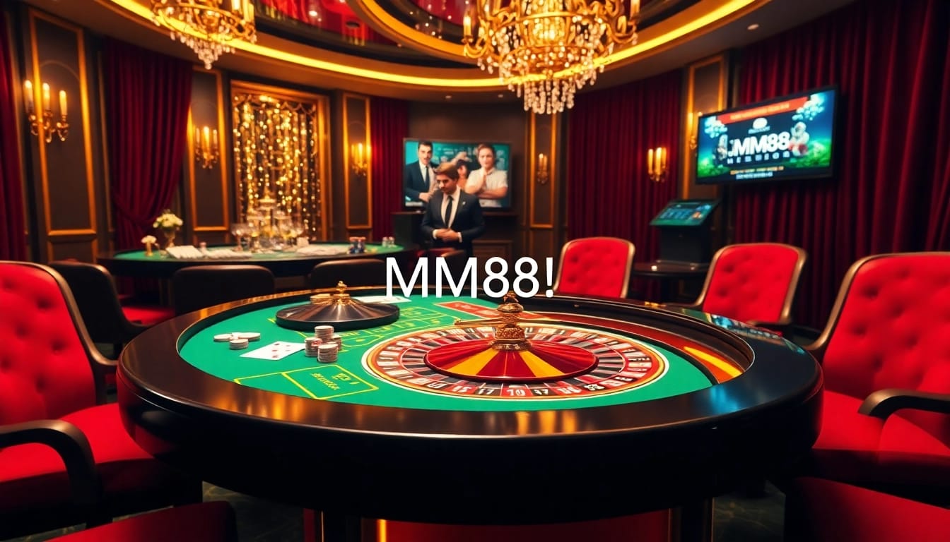 MM88 casino table with poker cards and roulette wheel highlighting excitement.