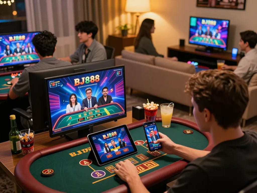 Players enjoying BJ888 mobile gaming in a vibrant home setting with engaging visuals.