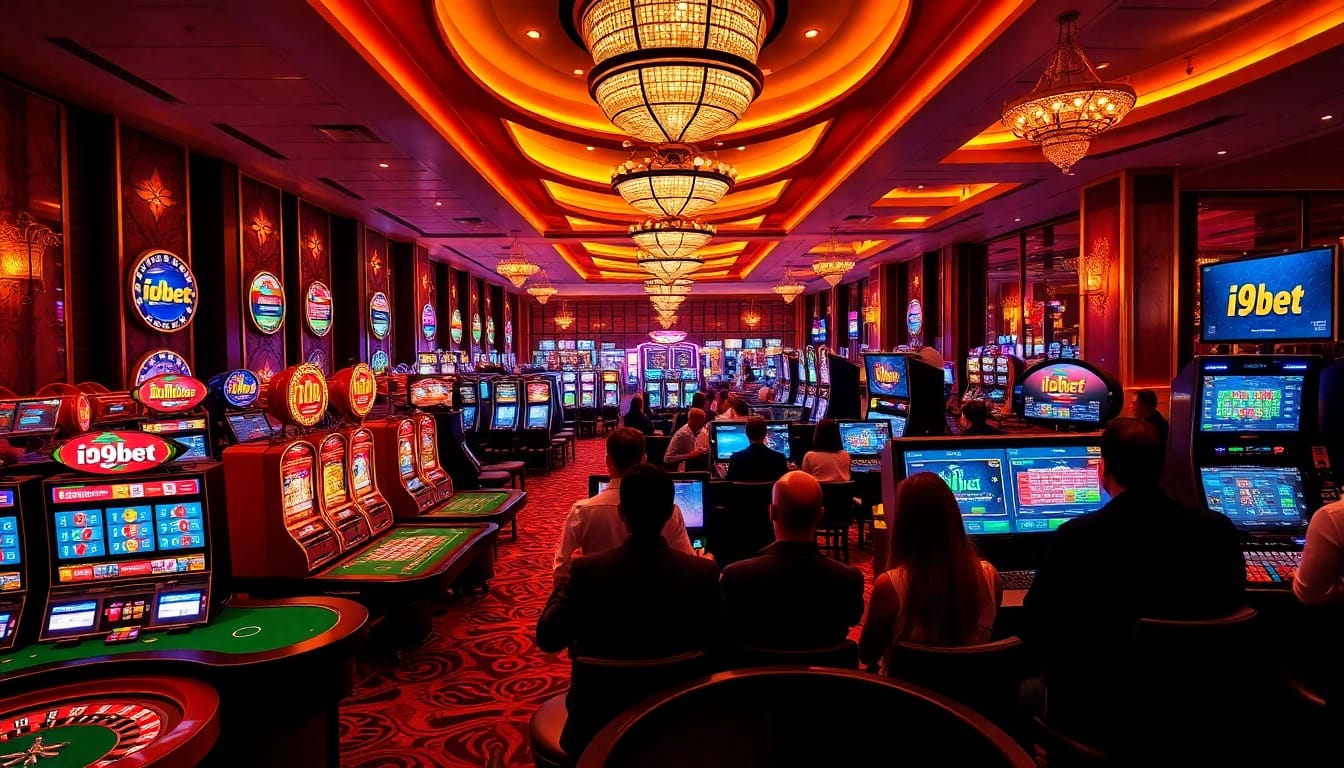 i9bet players enjoying a vibrant casino experience with slot machines and poker tables.