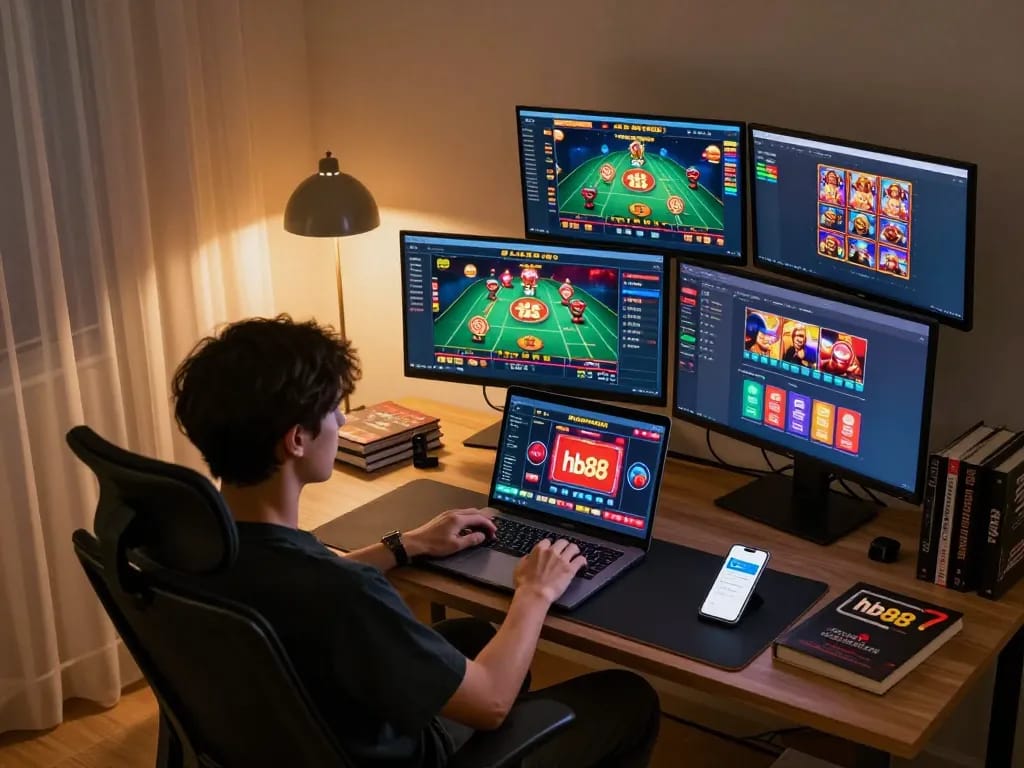 Playing hb88 casino games on a laptop in a cozy home office setting