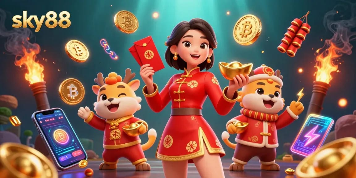 Experience the excitement of Sky88 as a vibrant Asian woman showcases jackpots and festive elements in an electrifying gaming scene.