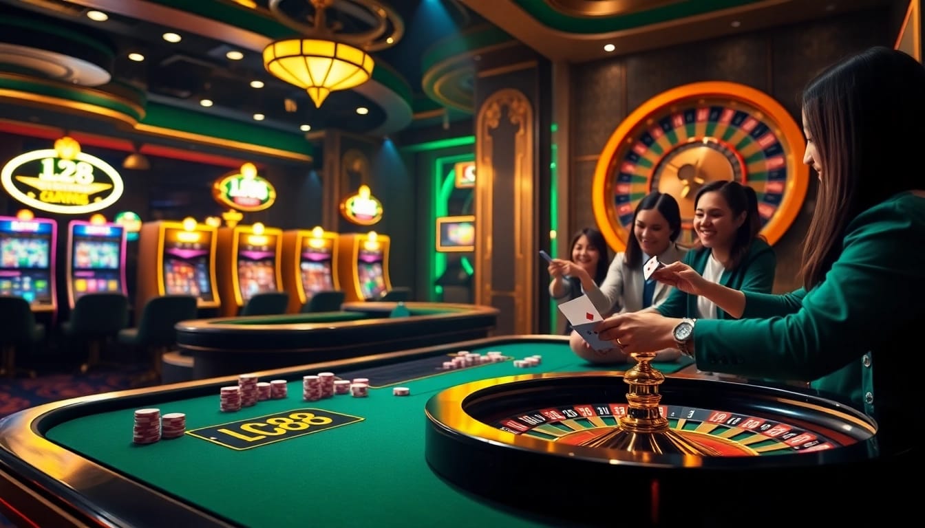 Players enjoy thrilling games at the LC88 casino, showcasing vibrant casino tables and illuminated slot machines.