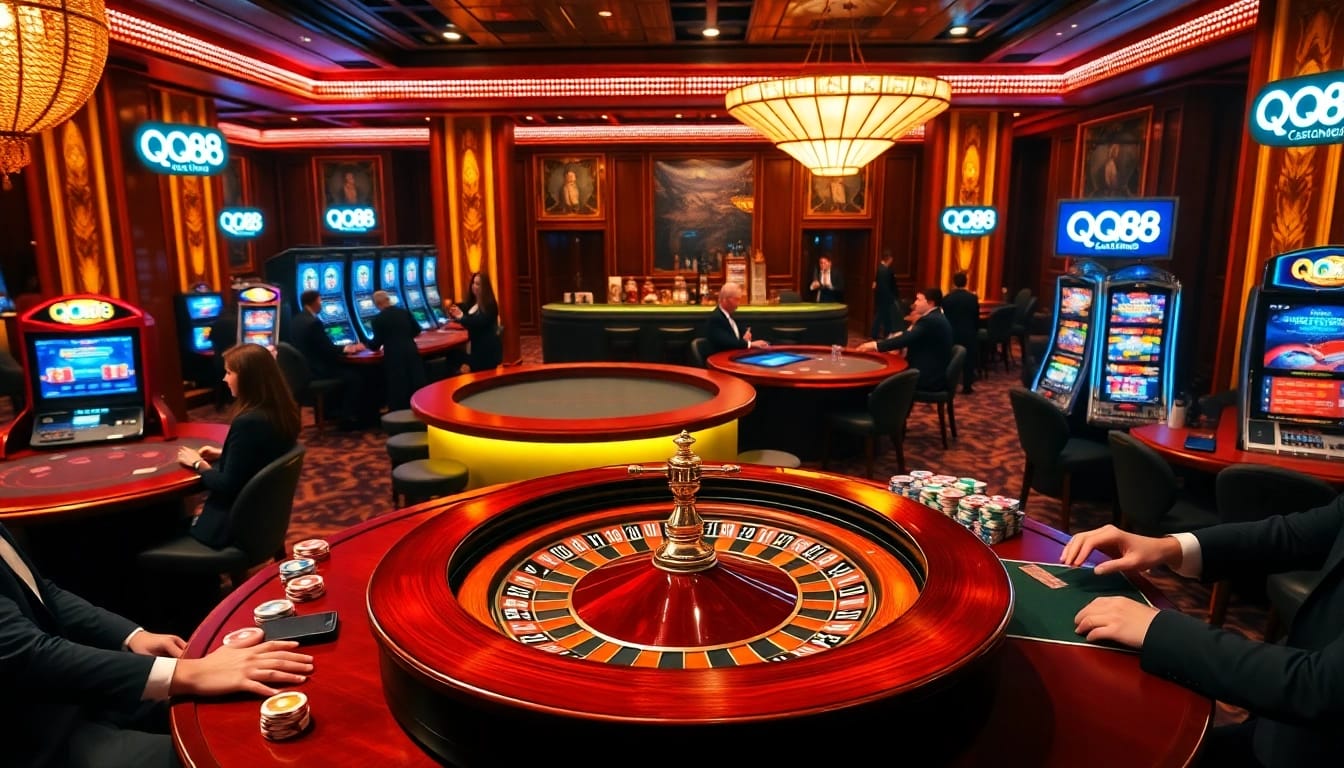 Players engaging in a thrilling roulette game at QQ88 casino, surrounded by vibrant slot machines and poker chips.