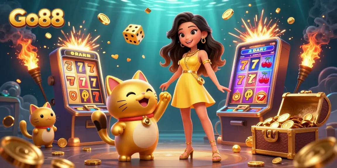 Experience thrilling wins at Go88 with a cheerful Asian woman, golden lucky cat, and jackpot excitement!