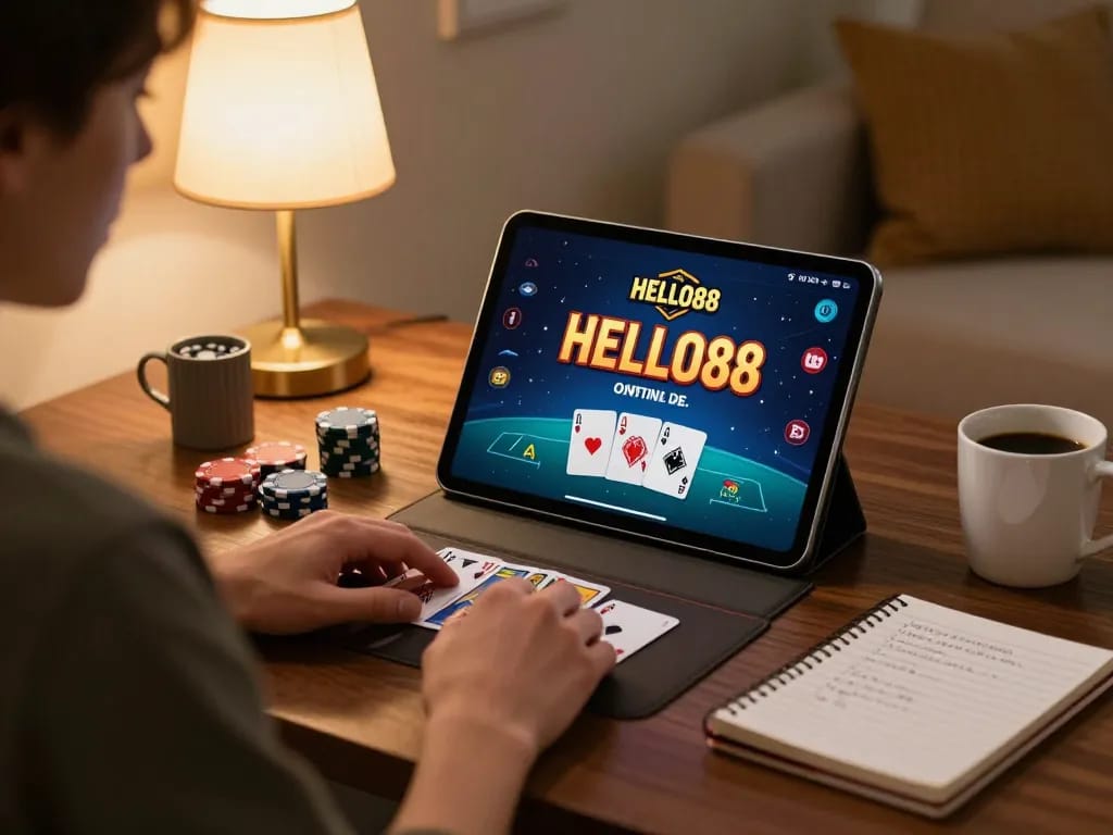 Engaging online poker gameplay at HELLO88 with strategies and cozy home setup.