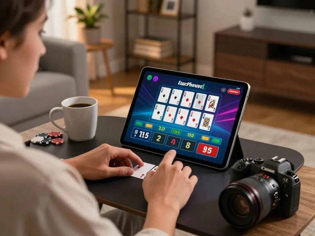 Tic88 player strategizing in a cozy living room during an online blackjack session.