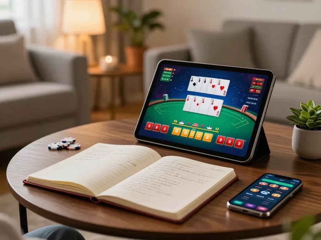 Engaging online gaming with fly8800 poker interface on tablet, showcasing responsible gambling setup at home.