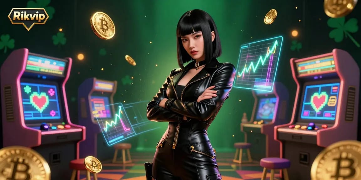 Engage with Rikvip in a vibrant casino scene featuring 3D arcade games, Bitcoin coins, and a striking Asian woman in leather.