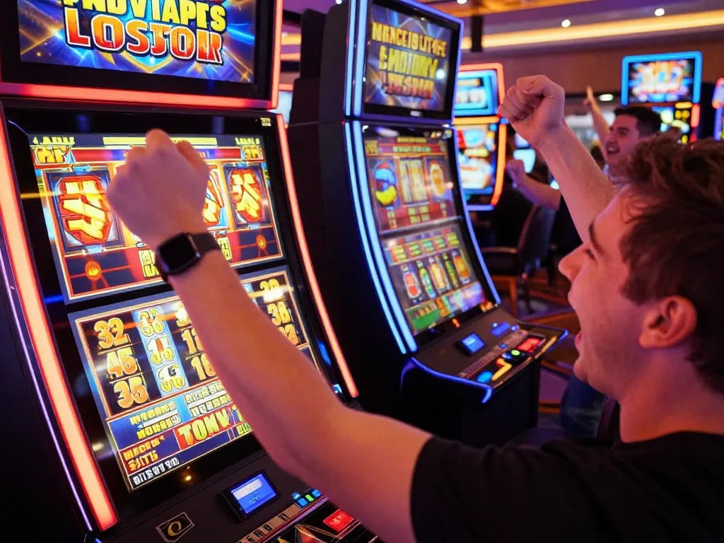 Player celebrating a big win on a Pragmaticplay slot machine amid vibrant casino lights