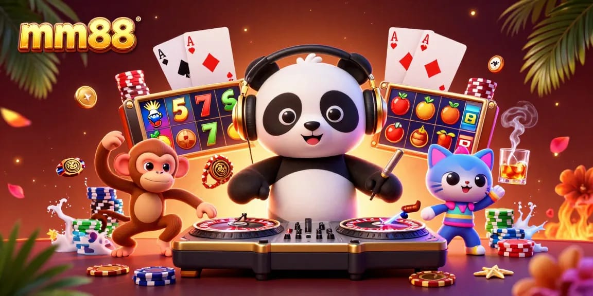 Experience mm88's vibrant casino scene with cartoon characters enjoying slots and poker action.