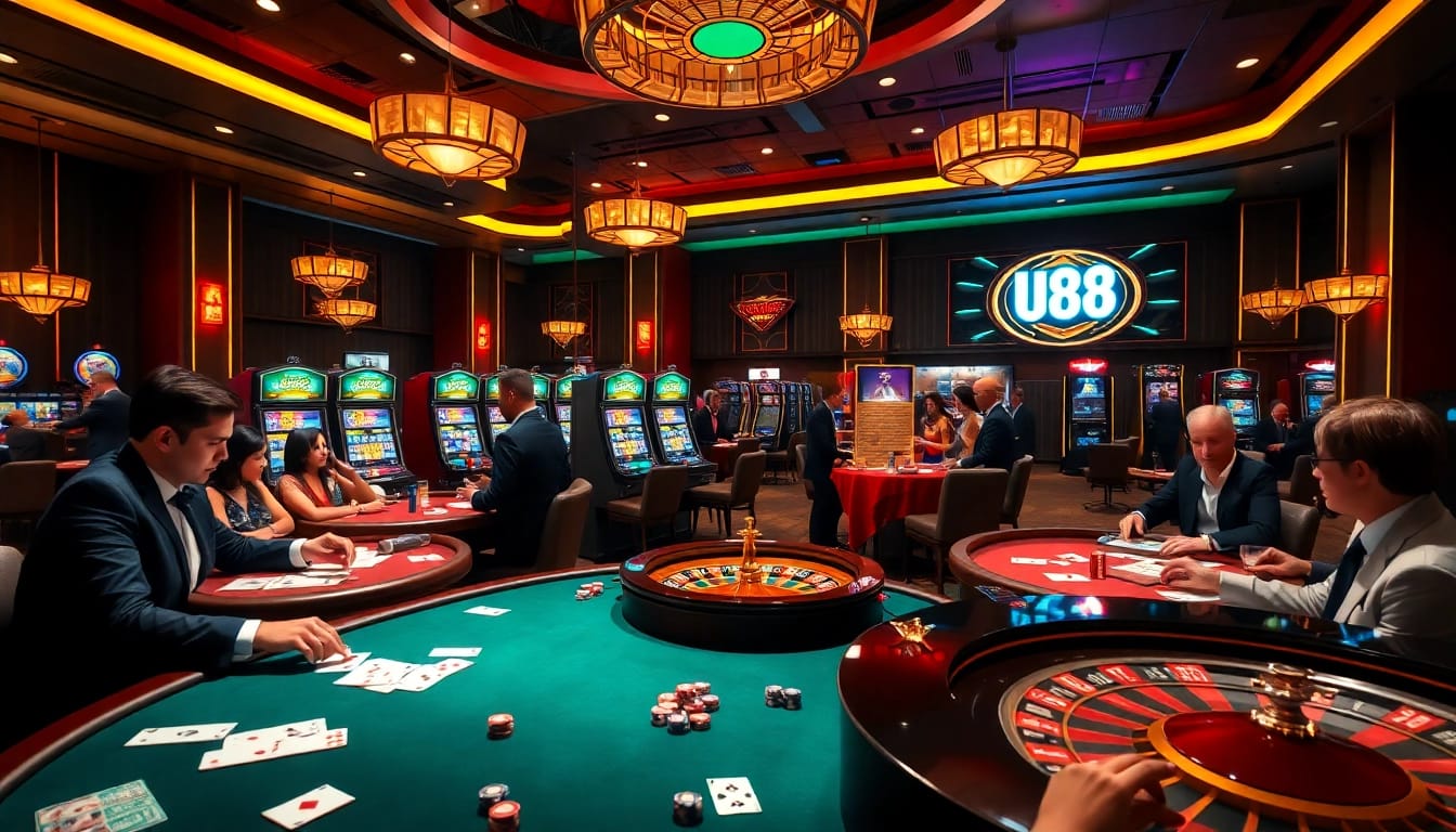 Players enjoying thrilling games at U88 casino tables, showcasing poker chips and slot machines.