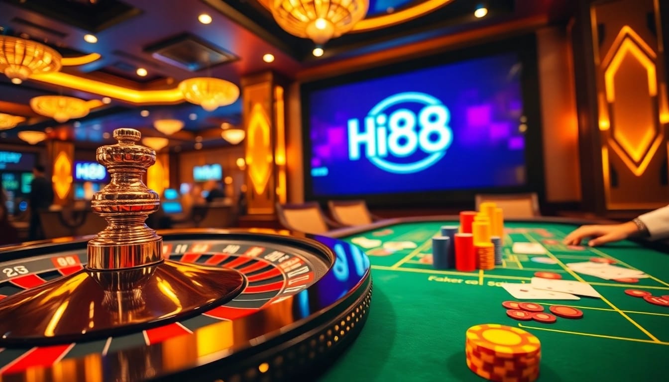 Gambling enthusiasts enjoying a thrilling game at Hi88 casino with vibrant chips and cards.