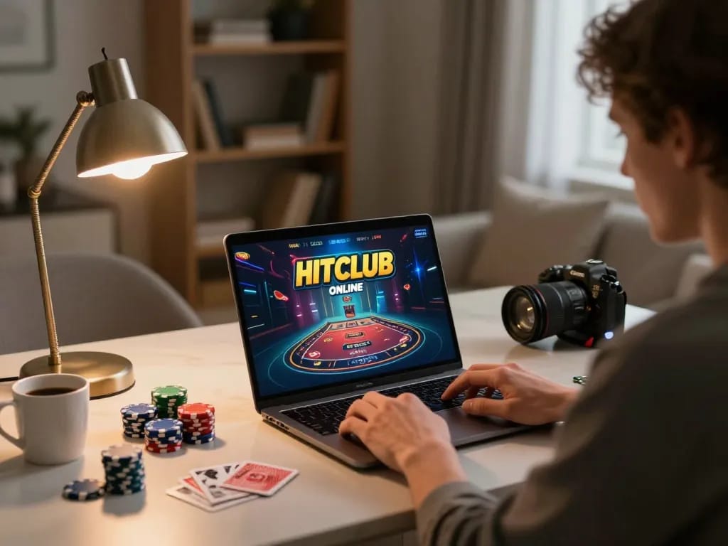 Engaged player enjoys Hitclub online casino gaming at home, with poker setup and strategic ambiance.