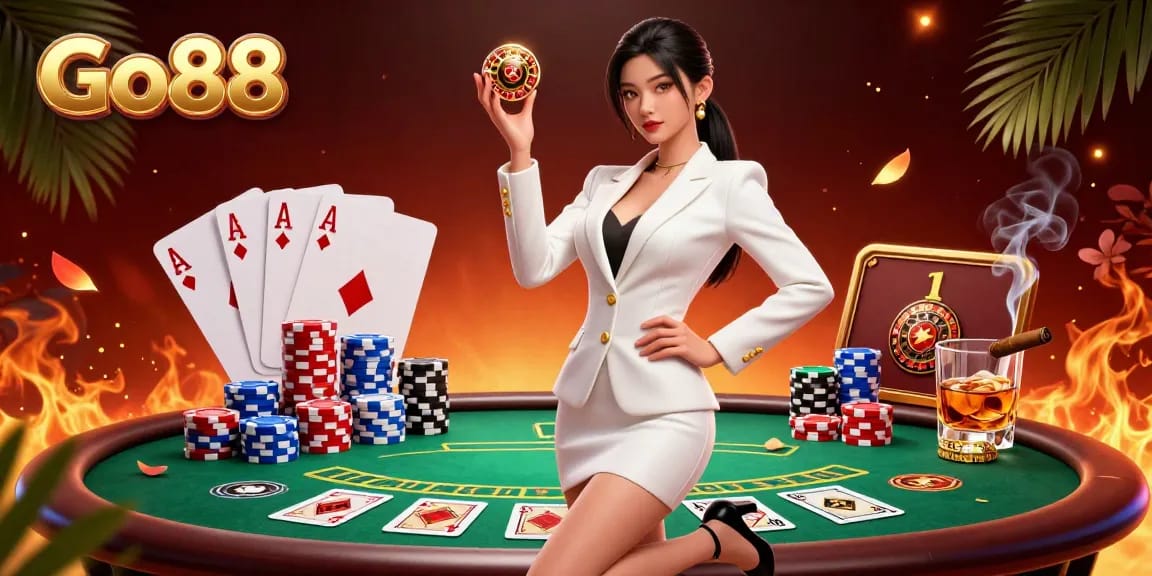 Engage with Go88 at a vibrant casino scene featuring a glamorous portrait of a confident Asian woman.