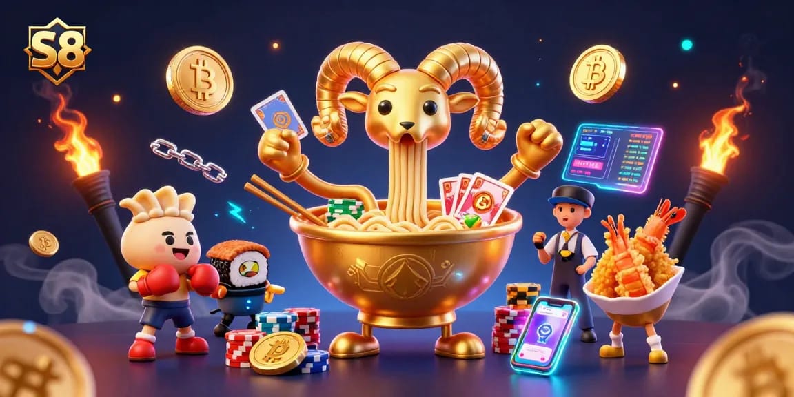 S8 slots action with vibrant characters, neon coins, and a competitive gaming atmosphere.