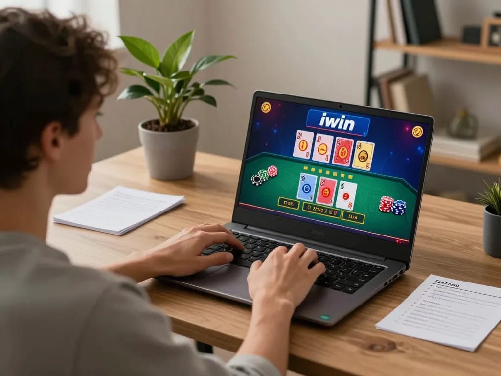Engaging iwin online casino gaming experience with a player betting at home.